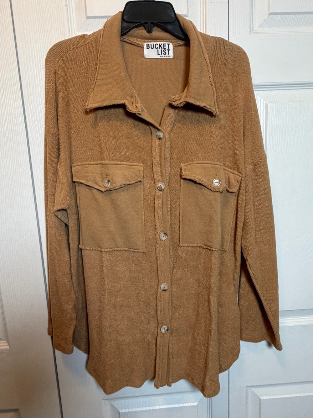 Bucket List Large Camel Button Front Shacket Overshirt Made in USA